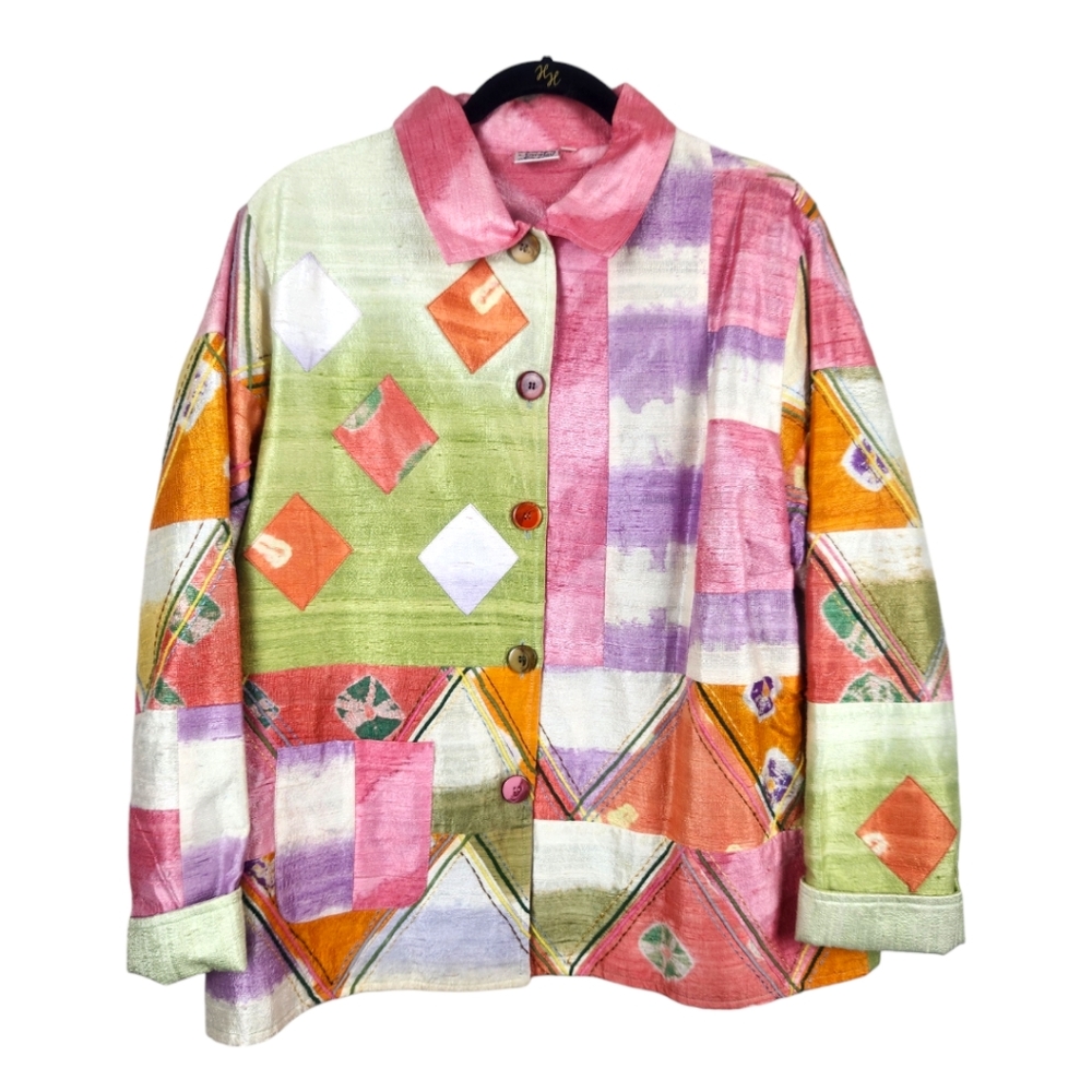 Vintage Parsley & Sage Silk Colorful Abstract Shacket Blazer Large Embroidered